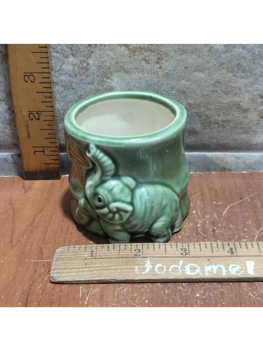 Vintage Majolica Green Ceramic Elephant Trunk Up Planter Pot Mid Century Decor